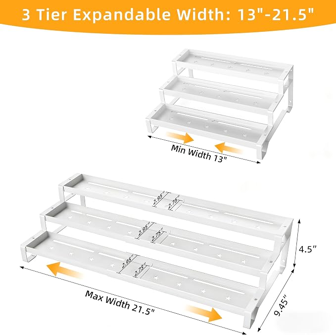 Spice Rack Organizer for Cabinet, 13-21.5" Expandable Spicy Shelf | 9.45" Depth 3-Tier White Metal Seasoning Organizer, Kitchen Spice Organization, Slip-Resistant Guardrails for Jars and Cans - Image 2