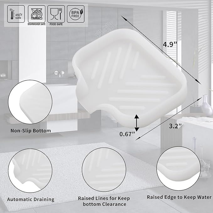 MicoYang Silicone Soap Dish with Drain Spout, Self-Draining Sink Organizer Tray for Bathroom & Kitchen, Sponges, Dispensers & Soap Holder, Non-Slip & Dishwasher Safe, Translucent (Compact, 4.9"×3.2") - Image 2
