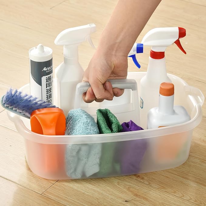 Large Cleaning Caddy with Handle, Cleaning Tool Storage Basket Organizer, Sturdy Pail Bucket Organizer, Household Bucket for Cleaning Supplies - Clear - Image 6
