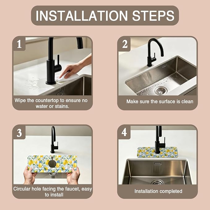 Faucet Mat for Kitchen Sink Watercolor Lemon Blue Geometric Sink Splash Guard Behind Faucet Soft Diatom Mud Material Non-slip Easy to Clean for Bathroom & Kitchen 15"X5.5" - Image 4