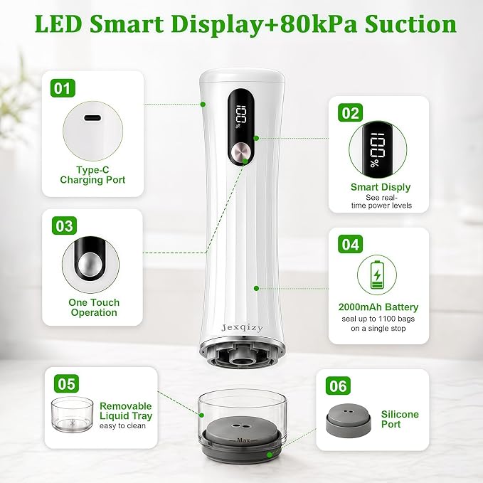 Compact Vacuum Sealer for Food, 80kPa Food Sealer with LED Display | 2000mAh Vacuum Sealer Machine+3Glass Containers+30 Bags, Handheld Vacuum Sealer,Cordless&Portable for Meal Prep, Food Storage - Image 3