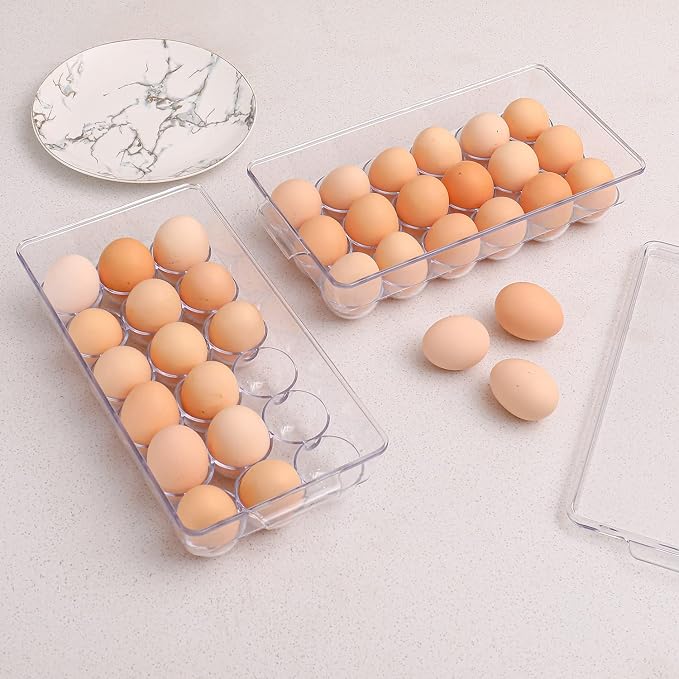 Sooyee 2 Pack Egg Holder for Refrigerator, Plastic Egg Storage Container, Fridge Egg Organizer, Clear Refrigerator Organizer Bins with Lids, Stackable Tray Holds 18 Eggs - Image 4