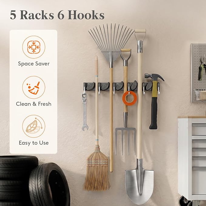 Lifewit Mop and Broom Holder Organzier Wall Mount Non-Slip, 1 Pack, Black | Easy Install One Handed Push Cleaning Tool Hanger with 6 Hooks 5 Slots, Heavy Duty Hanging Utility Rack for Garden, Garage - Image 6