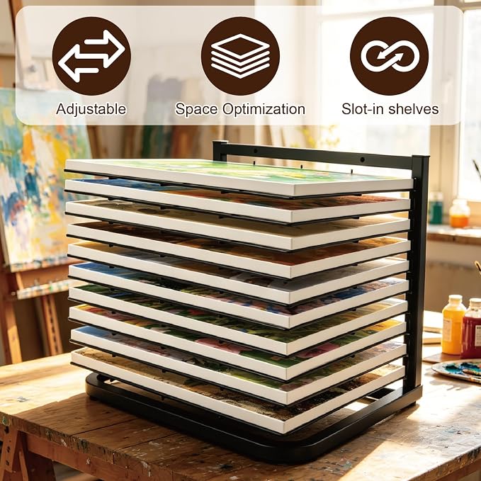LIAQICHA Art Drying Rack for Classroom - 10 Removable Shelves, Wall/Tabletop Art Rack & Storage Rack for Art Studio, Craft Room, Desktop - Canvas, Painting, Paper Drying Rack, Print Display Rack - Image 7