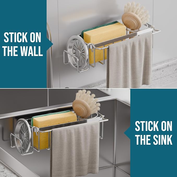 TAILI 4-in-1 Sponge Holder for Kitchen Sink with Strong Suction Cup-Silver | Removable Rustproof 304 Stainless Steel Multi-compartment Sponge Holder with Suction Cup, Keeps Brushes & Scrubbers Tidy - Image 6