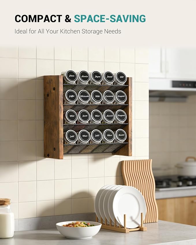 Spice Rack Organizer with 20 Glass Jars, for Cabinet Wall Mount Countertop | 4-Tier Seasoning Organizer with Labels, Chalk Marker & Funnel for Pantry, Kitchen Storage, Wood, 10.3 in W x 9.4 in H - Image 6