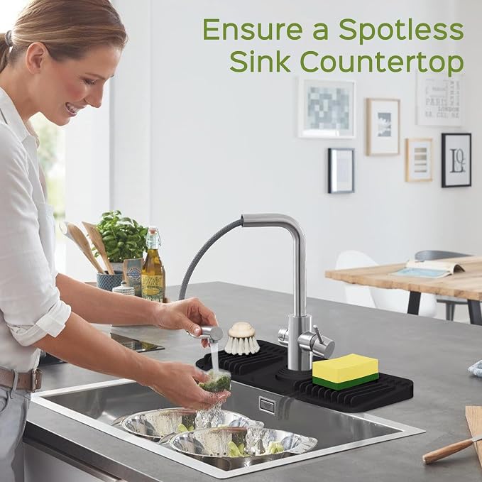 15 Inch Silicone Faucet Mat for Kitchen Sink Splash Guard – 2025 Upgraded Draining Mat with Water Tray Behind Faucet – Countertop Protectors to Catch Spills (Black, 14.6" x 5.5") - Image 7