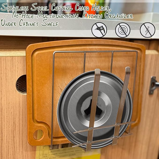Under Cabinet Cutting Board Organizer, Stainless Steel 2 in1 Pot Lid & Chopping Board Rack, Cutting Board Storage, Kitchen Pot Lid Holder, Under Cabinet Shelf for Home Kitchen Utensils, Paper Towel - Image 2