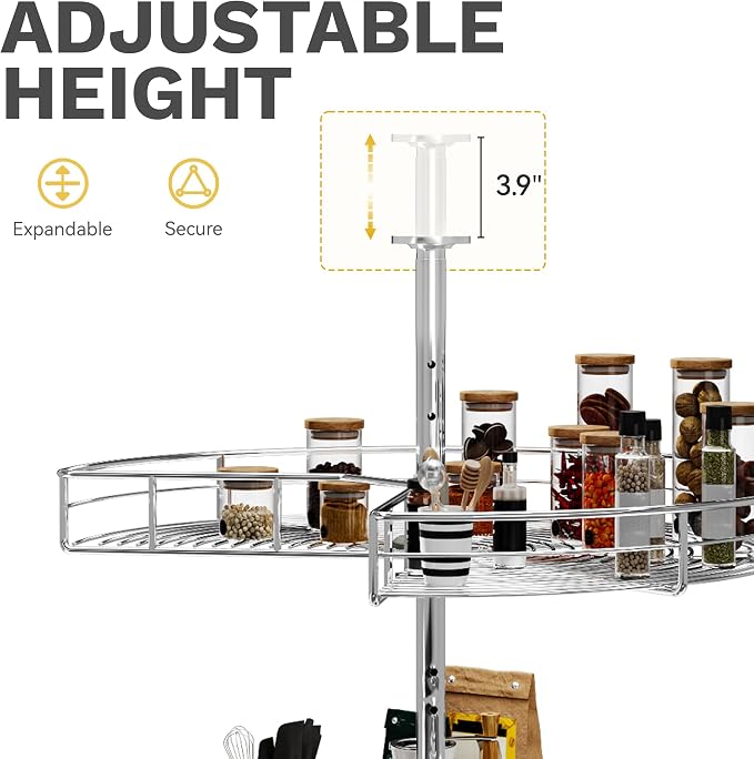 DWVO 31″ Kidney 2-Tier Lazy Susan – Telescoping Mount Corner Cabinet Organizer with Pie-Shelf Design, for Bathroom,Kitchen Cabinet Blind Corners (Chrome, 270° Adjustable) - Image 4
