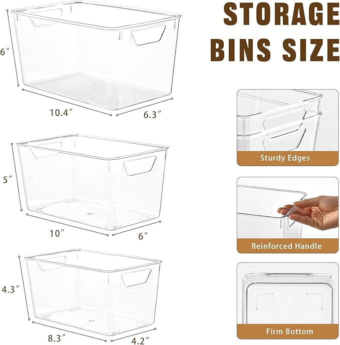 Freebat 12 Pack Pantry Organization and Storage,Clear Plastic Storage Bins | 4Small 4Middle 4Large,Cabinet Organizer, Clear Plastic Storage Containers with Handle,Acrylic Storage Bins for Cabinet,Fridge - Image 2