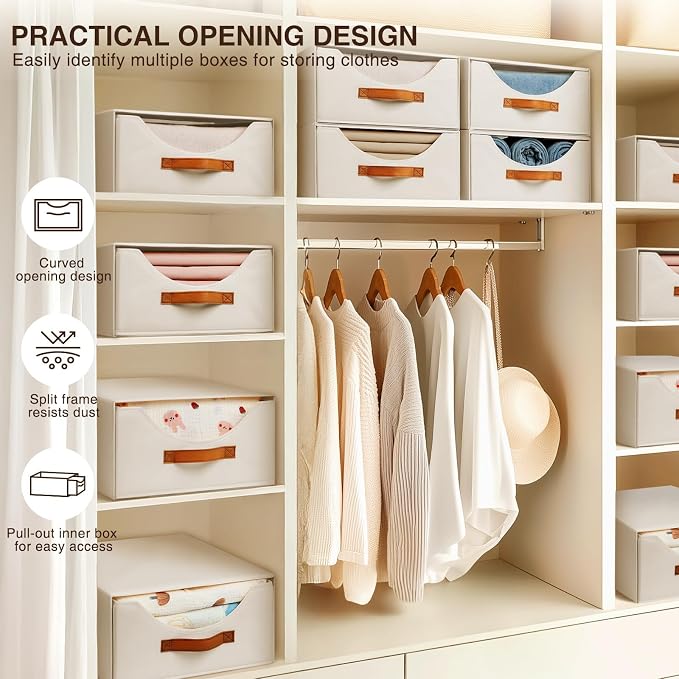 Large Closet Storage Bins with Drawer, Fabric Bins for Organization, Collapsible Storage Drawers Organizer for Bedroom, Living Room, 8 Pack, Beige - Image 4