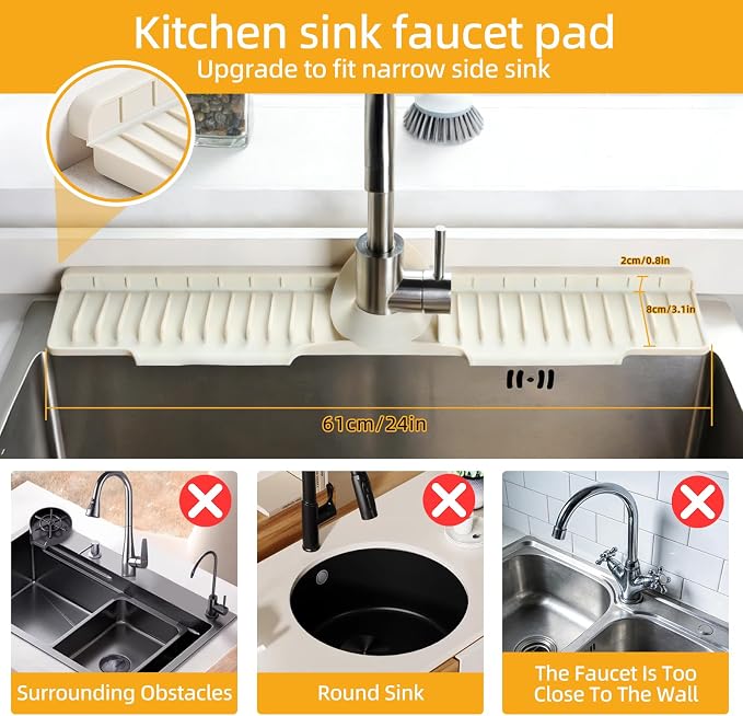24" Silicone Sink Mat for Kitchen(Released in 2026), Beige | 8° Slope for Quick Self-draining, Sink Splash Guard Behind the Faucet, Narrow Water Splash Guard, for Kitchen&Bathroom Area - Image 2