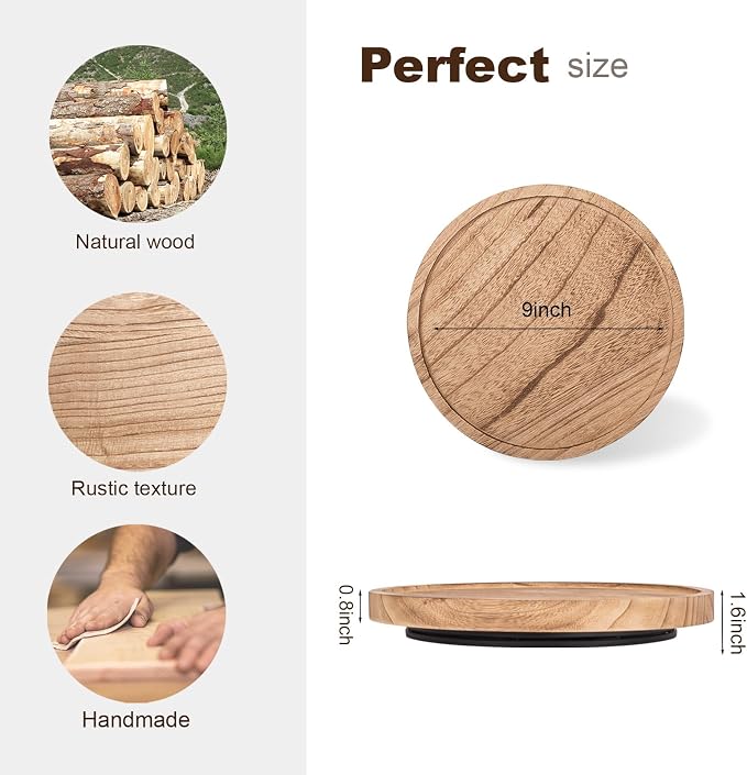 Wood Lazy Susan Turntable Kitchen Decor Round Table Tray, 9" Brown | Waterpoof, Easy clean, Non-slip, Rotating Wooden Decorative Pantry Table Tray for Seasoning, spice, snack - Image 3