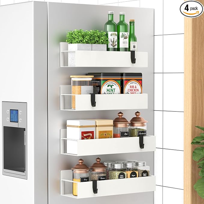 Metal Magnetic Spice Rack for Refrigerator Cream White, 4 Pack | Magnetic Shelves Heavy Duty for Fridge in Kitchen, Seasoning Storage Organizer, For Oven Washer and Dryer, For Heavier Items by HuggieGems