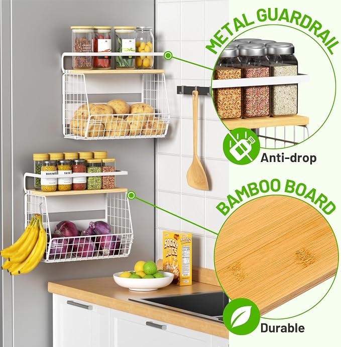 Magnetic Fridge Shelf with Wood Lid, Fruit Potato Onion Storage Bins, Pantry Organizers, Large Container Spice Rack for Refrigerator, Kitchen Counter, Cabinet (1, White) - Image 9