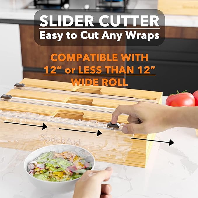 SpaceAid WrapNeat 3 in 1 Wrap Organizer with Cutter and Labels, Plastic Wrap, Aluminum Foil and Wax Bamboo Dispenser for Kitchen Storage Organization Holder for 12" Roll (Natural) - Image 5