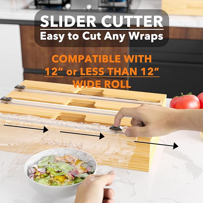 SpaceAid WrapNeat 3 in 1 Wrap Organizer with Cutter and Labels, Plastic Wrap, Aluminum Foil and Wax Bamboo Dispenser for Kitchen Storage Organization Holder for 12" Roll (Natural) (Pack of 2) - Image 5