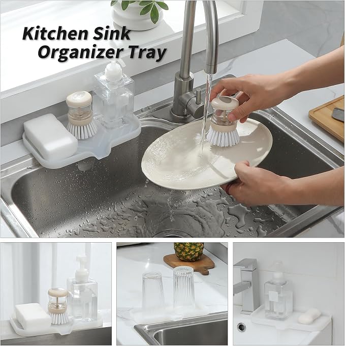 MicoYang Silicone Soap Dish with Drain Spout — Self-Draining Sink Organizer Tray for Bathroom & Kitchen, Sponges, Dispensers & Soap Holder, Non-Slip & Dishwasher Safe, Translucent (Medium, 9.6"×5.3") - Image 4