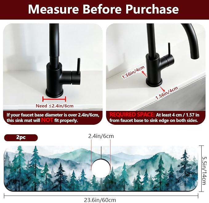 2 Pcs Kitchen Sink Splash Guard Faucet Mat Watercolor Forest Pattern Faucet Mat for Sinks Absorbing Drying Mat for Kitchen Bathroom, 23.6x5.5inch - Image 2