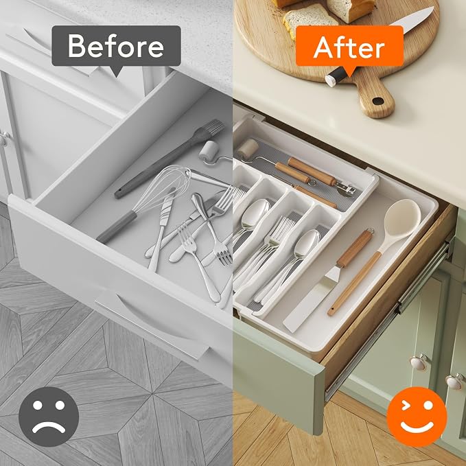 Lifewit Extra Large Silverware Drawer Organizer, Expandable Utensil Tray | BPA Free Flatware Cutlery Holder for Kitchen, Adjustable Plastic Storage for Spoons Forks Knives, 13-22.4 x 16.7, White Gray - Image 6