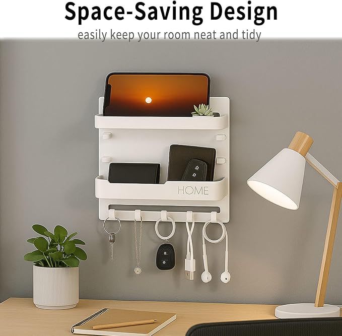 Wall Mount Bedside Shelf with Hooks, Adhesive Bedroom Organizer Storage for Phone, Remote, Kindle, Earphone, Dorm Room, RV, Office – Plastic Storage Rack (White) - Image 3