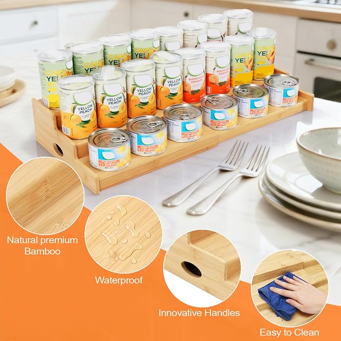 Can Rack Organizer for Pantry, Expandable Canned Food Organizer | Holds 24 Cans, 3-Tier Bamboo Soda Organizer, Adjustable Canned goods Storage Display Shelf, for Kitchen, Countertop, Cabinet - Image 6