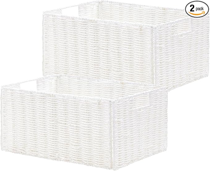 Wicker Storage Basket, Set of 2 Hand-Woven Paper Rope Wicker Basket, Small Storage Baskets for Organizing Toilet Paper Basket, Foldable Large Cube Storage Organizer Bins for Shelves (White) by Vagusicc
