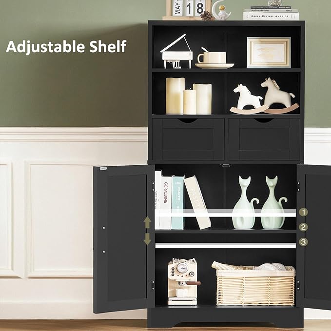 Storage Cabinet with Doors & 2 Drawers, Kitchen Cabinet with Adjustable Shelf, Pantry Cabinets, Bathroom Cabinets, for Living Room, Entryway, Home Office, Black - Image 4