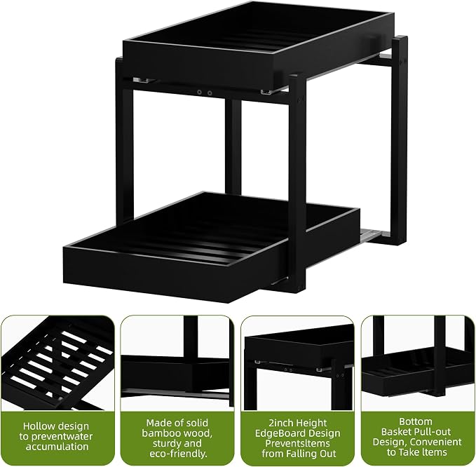 APRTAT 2 Pack Bamboo Under Sink Organizer, 2-Tier Pull Out Storage Drawers | Smooth pull-out drawers keep cleaners and tall bottles visible, organized and easy to reach in kitchen or bathroom cabinets - Image 6