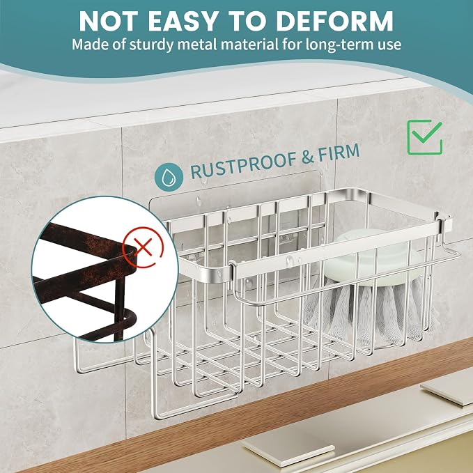 4-in-1 Sponge Holder for Kitchen Sink, Sink Caddy Organizers, Silver | Rustproof, Adhesive hook, Suction cups, Kithen Countertop Organizers and Storage - Image 6