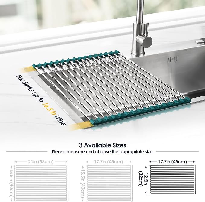Tomorotec Roll Up Dish Drying Rack Over Sink,304 Steel,17.7x12.5,DarkGreen | Anti-Slip Silicone Rims For Grip, Heat-Resistant Trivet Mat Holding Heavy Cookware, Rustproof Kitchen Counter Space Saver - Image 4
