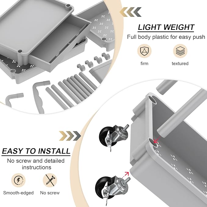 Goovilla 3 Tier Rolling Utility Cart Organizer with Removable Drawer, Grey | Stable and Sturdy Rolling Storage Carts with 2 Lockable Wheels for Bathroom, Kitchen, Snack, Craft, Makeup, Baby Essentials - Image 3