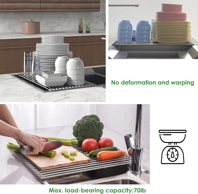 Tomorotec Roll Up Dish Drying Rack Over Sink, SUS304 Steel, 17.8x15.7,Gray | Heat Resistant to 550°F With Non-Slip Silicone Grips, Multipurpose Trivet for Hot Pots, Dishwasher Safe - Image 4