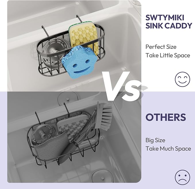 SWTYMIKI Sponge Holder for Kitchen Sink - Movable Sink Caddy with Smiley Face Sponge Holder, Rustproof Hanging Sponge Organizer in Double Bowl Sinks Depth>3.15in, Middle Divider<1.5in, Black - Image 4