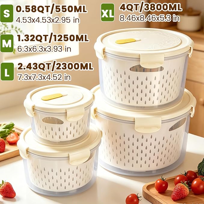 8 Pieces Airtight Fruit Storage Containers for Fridge with Air Circulation Vent, 4 Pack Round Produce Saver with Colander for Berry Lettuce Salad Vegetable Storage, Refrigerator Organizers -White - Image 3