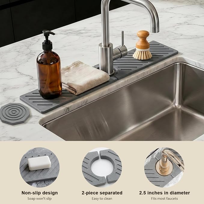 Stone Faucet Mat for Kitchen Sink,Absorbent Drying Mat(Dark Gray, 20"×3.9") | Fast Drying Sink Splash Guard & Water Tray for Bathroom Counter,Quick Dry Sink Protector Kitchen Accessories - Image 2