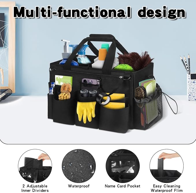 Grekos Wearable Cleaning Caddy Bag, Cleaning Caddy Suppliers Organizer with 4 Foldable Dividers, Handle & Shoulder Straps Cleaning Tool Organizers for Cleaners & Housekeeper (Black) - Image 2