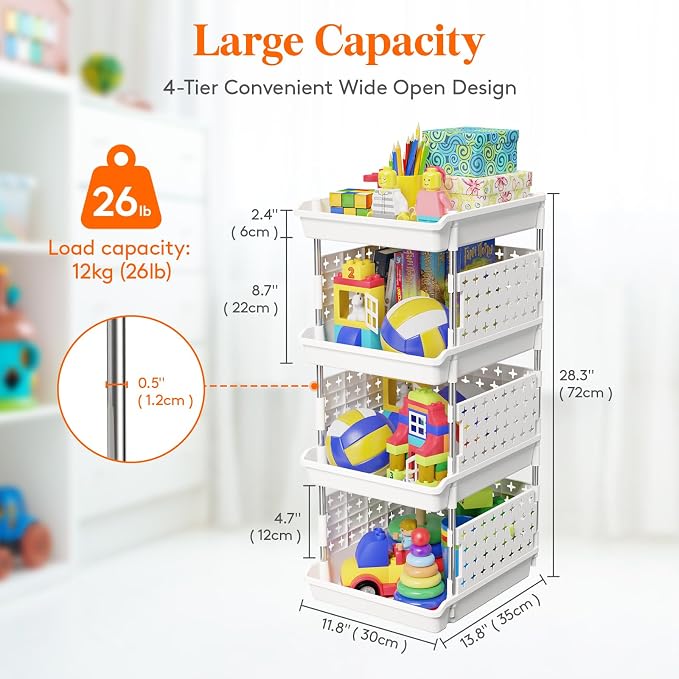 Lifewit 4 Tier Plastic Stackable Storage Baskets for Clothes 2 Pack, White | Stacking Bins for Food, Multifunctional Organizer for RV, Kitchen, Playroom, Pantry and Bathroom - Image 3