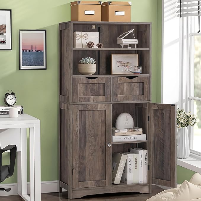 Iwell Tall Storage Cabinet with 2 Drawers & Adjustable Shelf, Bathroom Cabinet with Doors, Kitchen Pantry Storage Cabinets, Cupboard for Living Room, Dining Room, Entryway, Rustic Gray - Image 4