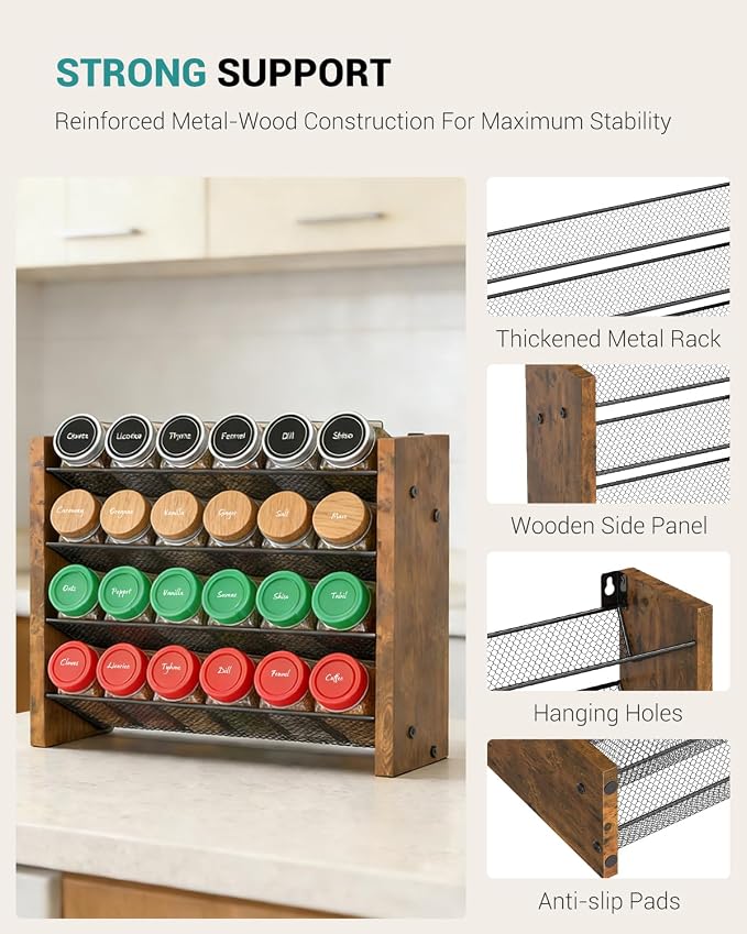 Spice Rack Organizer for Cabinet, Seasoning Organizer, No Jars Included | Wall Mount, Holds 24 Standard 4 oz Jars, Fits Jars Under 1.8 in Wide, 4-Tier Kitchen Countertop Shelf, 12.2" W x 10.3" H - Image 7