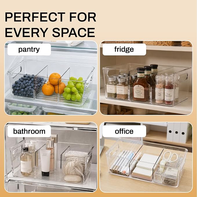 Mpotmiy 6-Pack Pantry Organizers and Storage, Clear Fridge Organizer Bins | Clear stackable plastic bins with removable dividers for packets, snacks, pouches and spices in pantry, fridge or freezer. - Image 7
