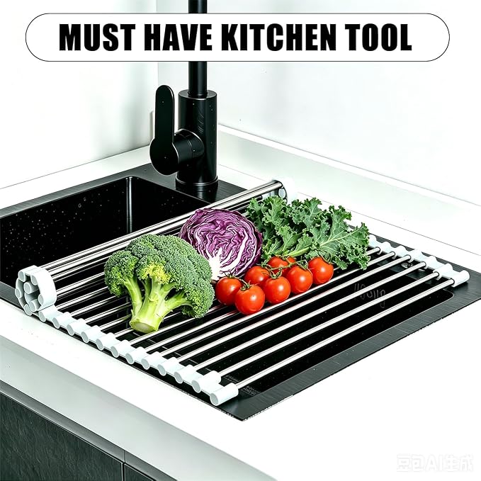 Roll Up Dish Drying Rack 17.5''x13.7'' Gray | Over the Sink Dish Drying Rack Foldable Sink Rack Mat Stainless Steel Wire Dish Drying Rack for Kitchen Sink Counter Storage - Image 3