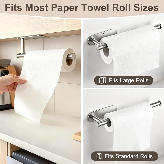 2-Pack Paper Towel Holder for Kitchen, Self-Adhesive & Drilling Mount | Under Cabinet Organizer, SUS 304 Stainless Steel Wall Mounted Rack, Bathroom, RV - Image 7