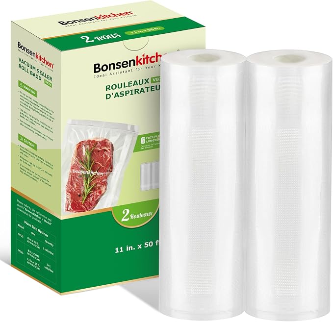 Bonsenkitchen Vacuum Sealer Bags Rolls, 2 Rolls 11 in x 50 ft | Commercial Grade, Heavy Duty, Durable Food Sealer Bags, Seal a Meal, Food Storage & Sous Vide Cooking, BPA Free, VB24 by Bonsenkitchen
