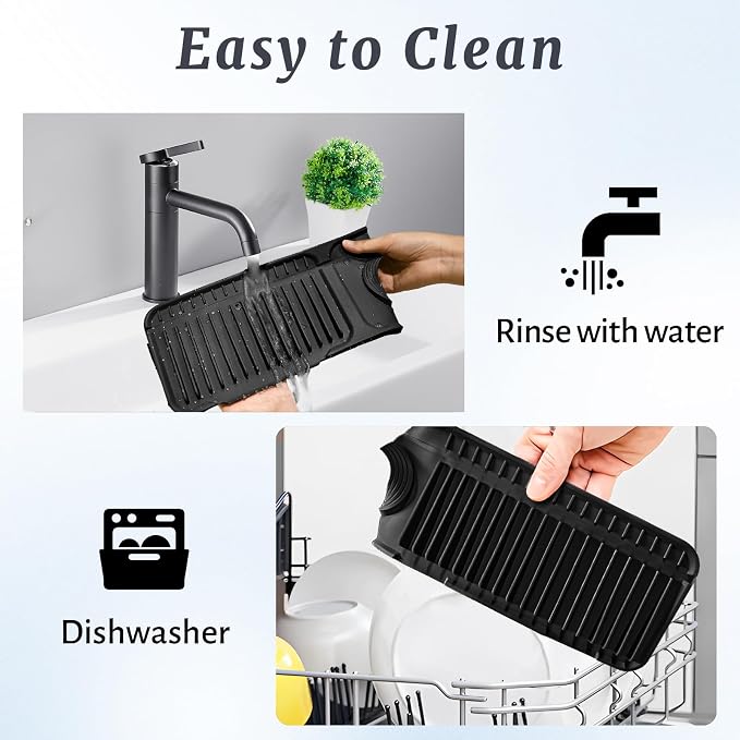 PoYang 24 Inch Faucet Mat for Kitchen Sink Splash Guard, Silicone, Black | Sink Protectors with 7° Slope for Smooth Drainage, Snap Button Holds It in Place, 90° Foldable & Cuttable Hole Fit Most Sinks - Image 9
