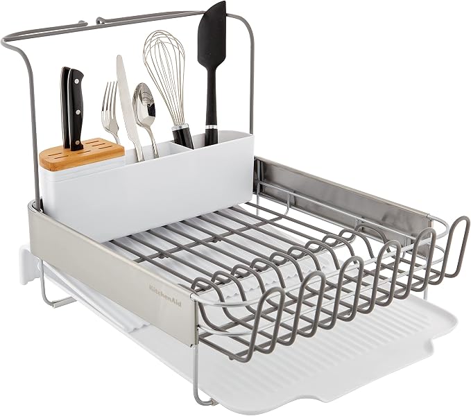 KitchenAid Full Size Compact to Full Capactiy Expandable Rust Resistant Dish Rack, with Self Draining Angled Drainboard and Removable Flatware Caddy, 24-Inch, White - Image 2