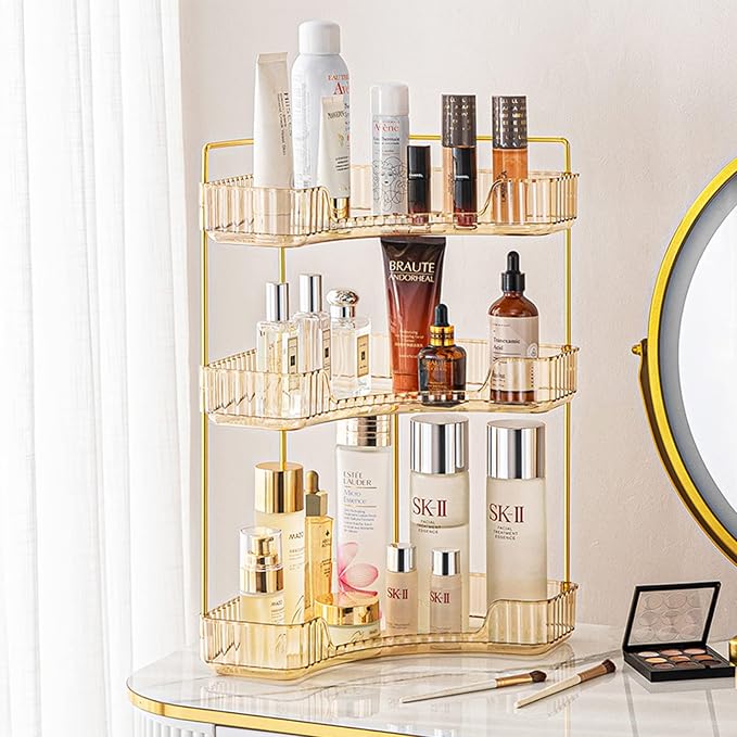 3-Tier Corner Bathroom Counter Organizer – Classic Storage Shelf for Makeup, Perfume & Toiletries, Space-Saving Countertop Tray Fits Bathroom, Dresser, Kitchen (Vintage Gold) by SHUANGQING