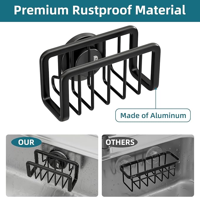 TAILI Black Sponge Holder for Kitchen Sink with Strong Suction Cup | Removable Sink Caddy for Kitchen Sink Oganizer, Rustproof Aluminum Sink Sponge Holder for Scraper Brushes, Stoppers - Image 5