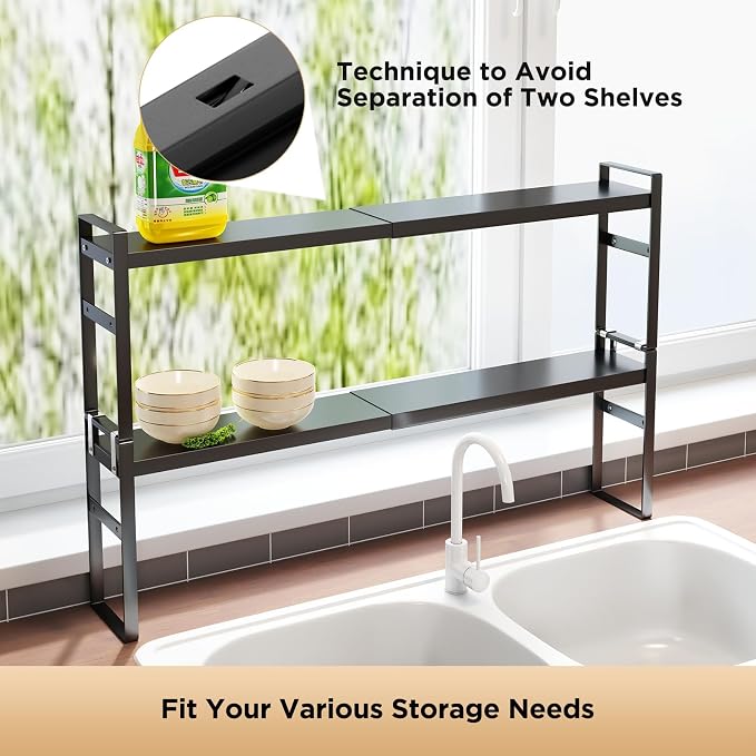 2 Tier Expandable Stackable Narrow Shelf Organizer, Black | Tall Countertop Organizer for Tight Spaces, Windowsill Plant Stand, Over-Sink/Faucet Shelf, Kitchen Counter Storage - Image 3