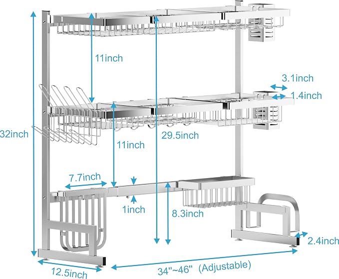 PUSDON Over Sink Dish Drying Rack Stainless Steel, Adjustable Large Dish Drainer for Storage Kitchen Organization Silver 3 Tier - Standard(34"-46") - Image 3